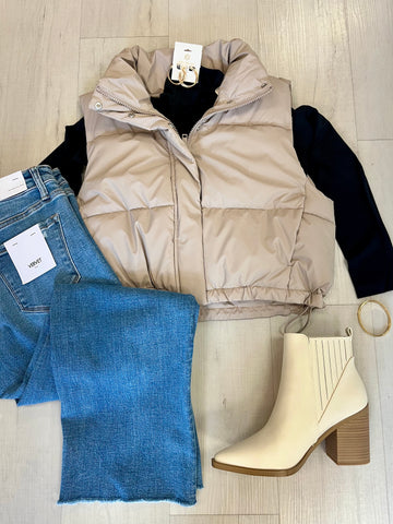 Cropped Puffer Vest - Taupe