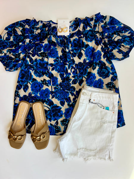 Brooke Puff Slv Blue Floral Top