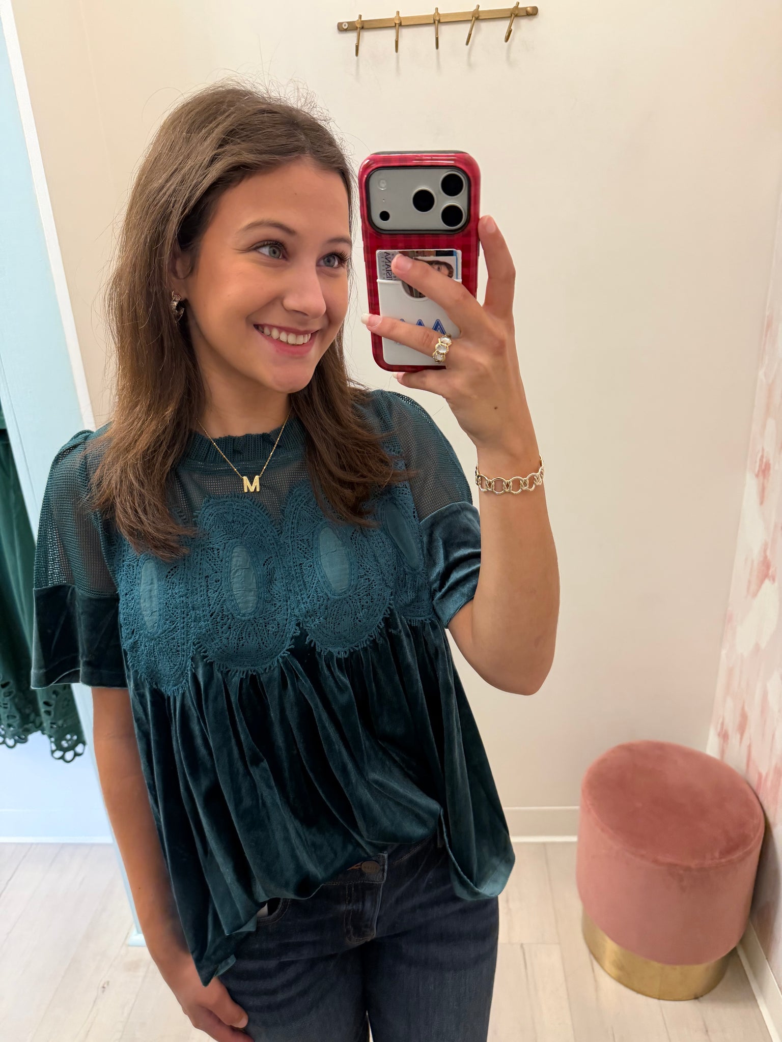 Lace Detail Velvet Top Teal Grn