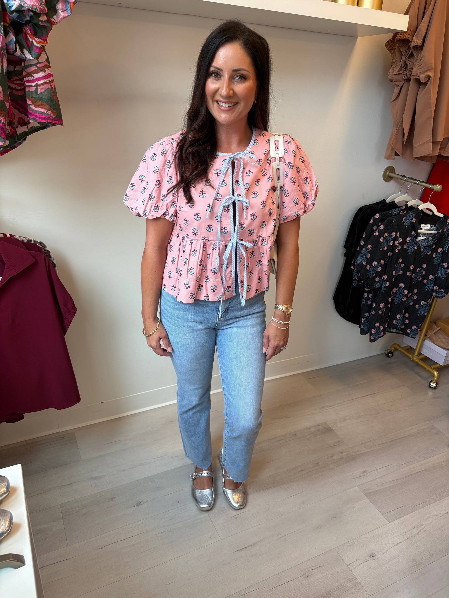 Floral Puff Slv Tie Detail Top