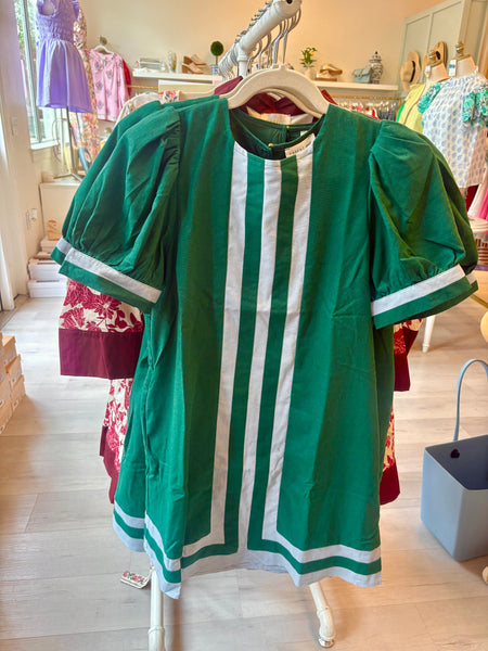 Puff Slv Green Stripe Detail Dress