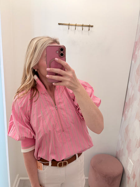 Striped Zip Up Banded Top Pink