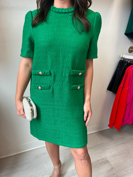 Tweed Double Pocket Dress -Green
