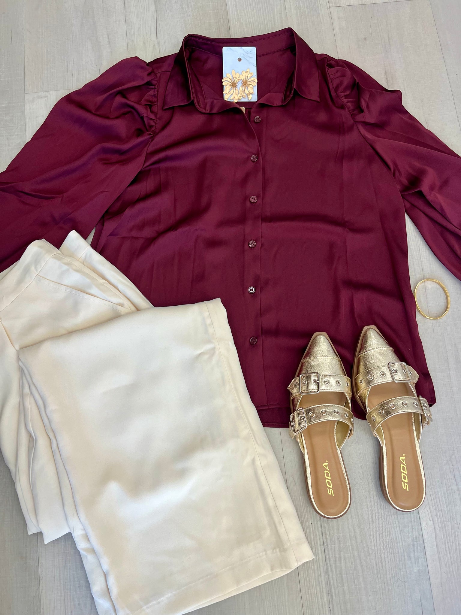 Satin Button Up Blouse Plum