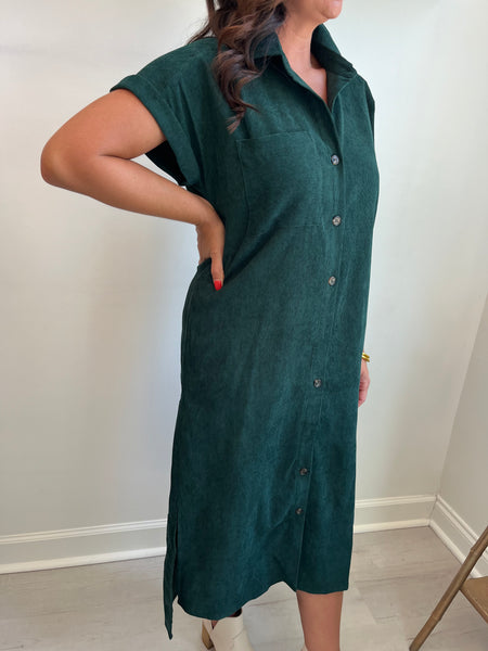 Corduroy Button Up SS Midi Green