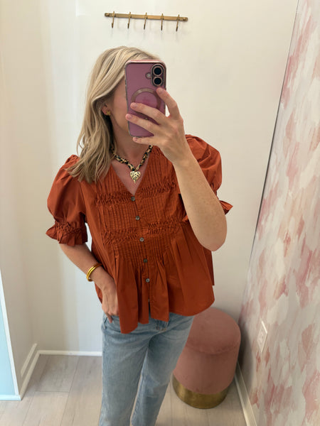 V Neck Smocked Top Chestnut