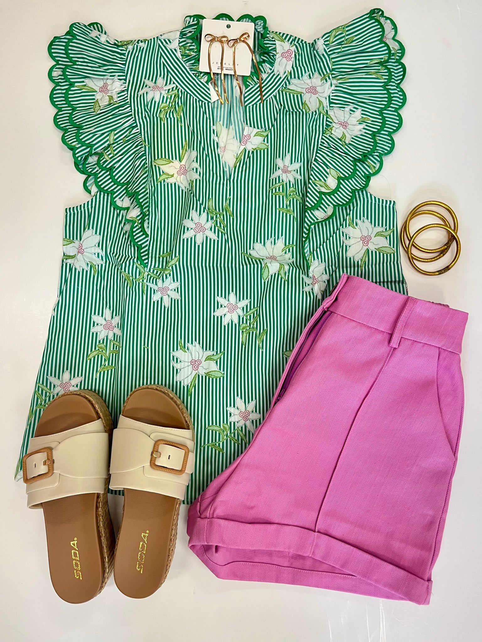 Flowers and Striped Ruffle Slv Top
