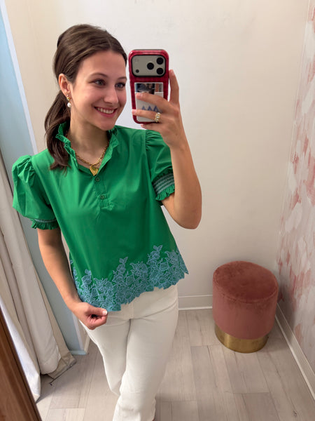 Cam Embroidered Detail Top Grn