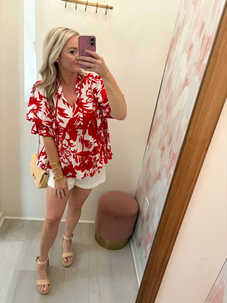 Puff Slv Flowy Red Top