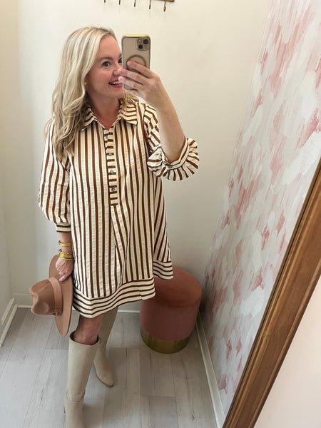 Lexy 3/4 Slv Striped Dress Toffee