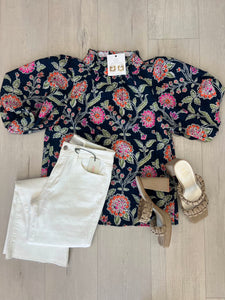 Navy Floral Puff Sleeve Top