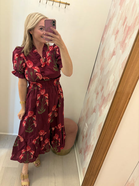 Wine Floral Puff Slv Midi Dress