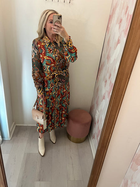 Paislery Printed LS Button Up Dress