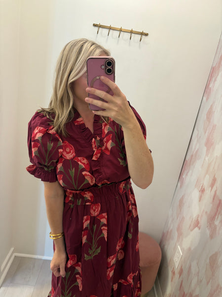 Wine Floral Puff Slv Midi Dress