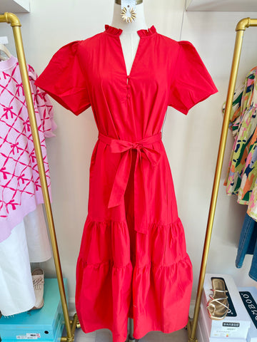 Britt Poplin Tiered Midi Dress Red
