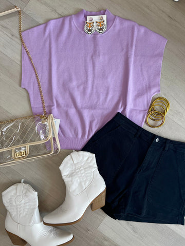 Knit Mock Neck SS Top Lavender