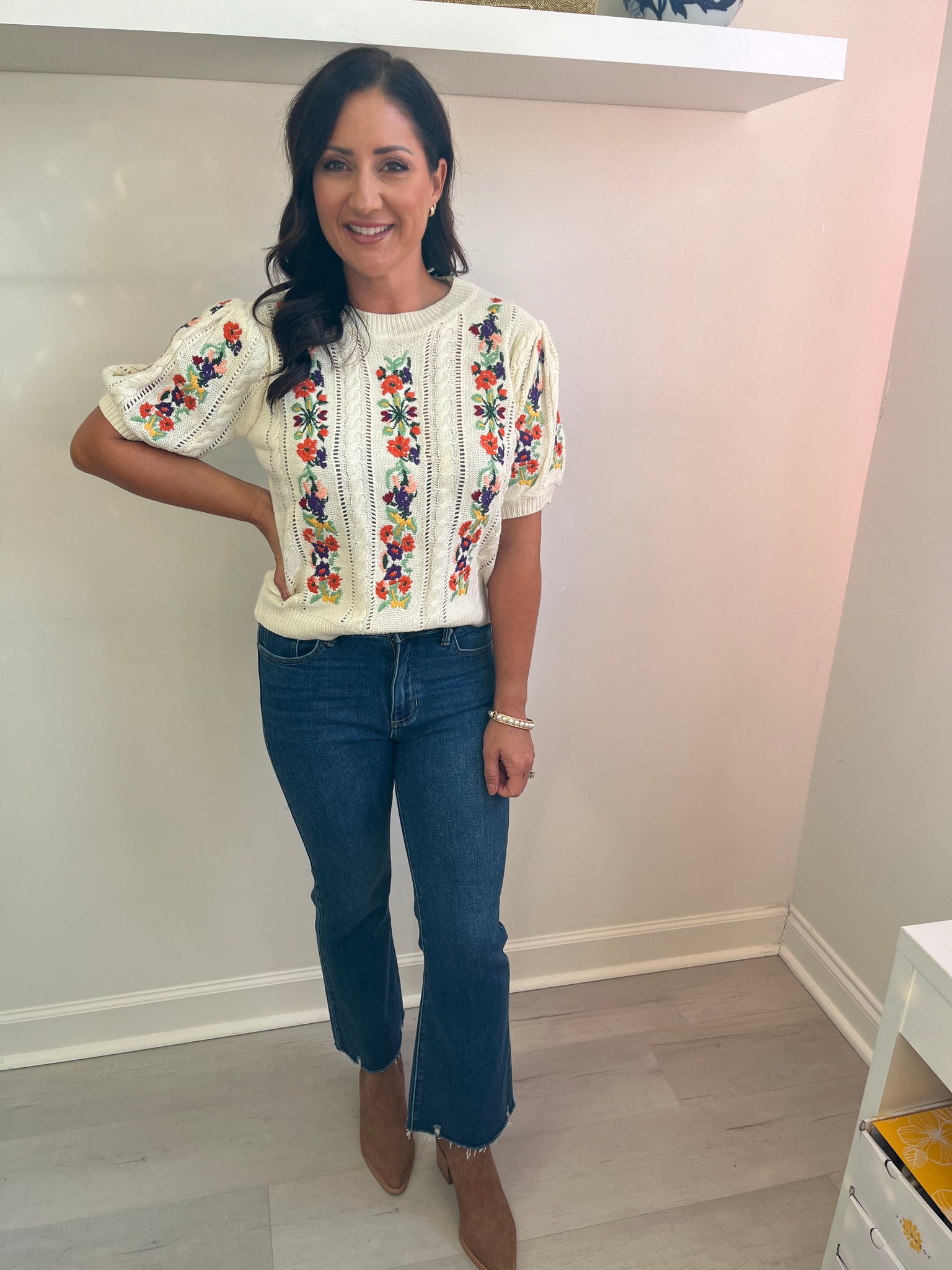 Flower Embroidery Sweater Ivory