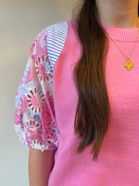 Abbie Eyelet SS Spring Top Pink