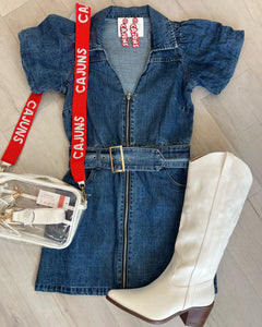 Puff Slv Denim Belted Mini