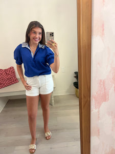 Striped CollarPuff Slv Polo Blue