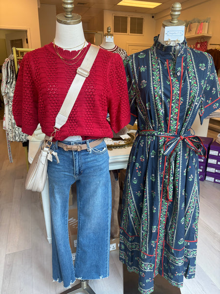 Textured Knit SS Sweater Red