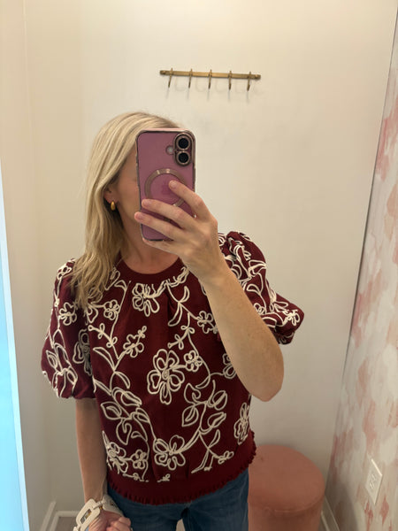 Bubble Slv Embroidered Top Burg.