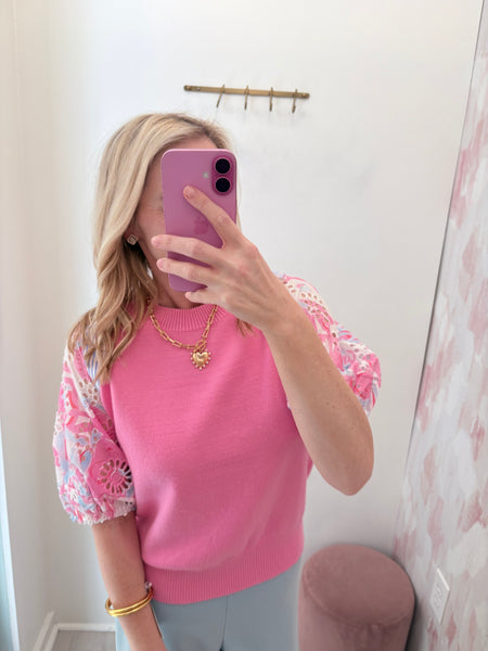 Abbie Eyelet SS Spring Top Pink