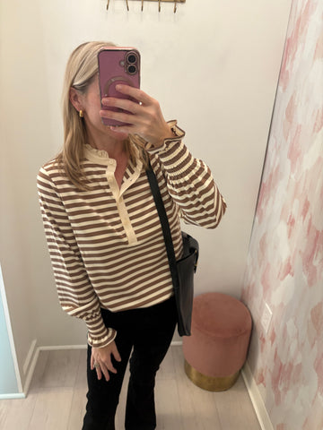 Striped Ruffle Polo Blouse Tan