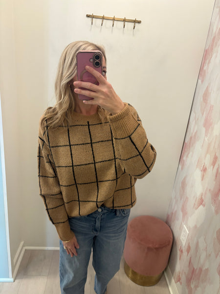 Grid Pullover Sweater Camel
