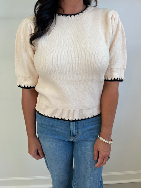 Cream SS Embroidered Detail Sweater