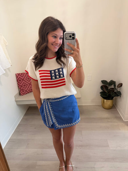 Embroidered Trim Skort Blue