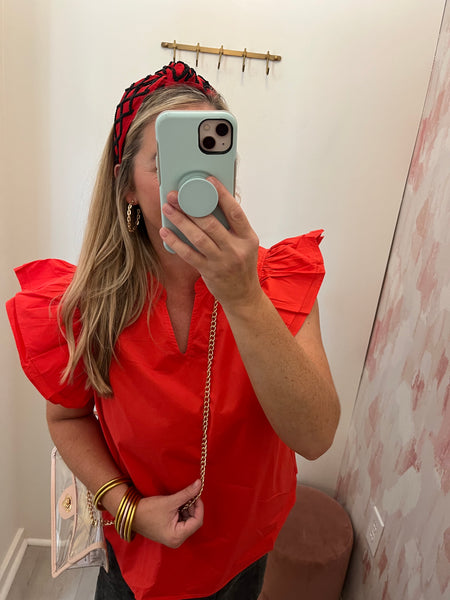 Red Ruffle Sleeve Poplin Blouse