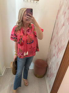 Ana James Puff Slv Floral Top Pink