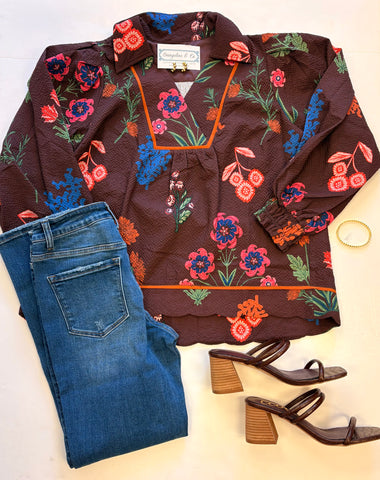 Micha Fall Floral LS Top Brn