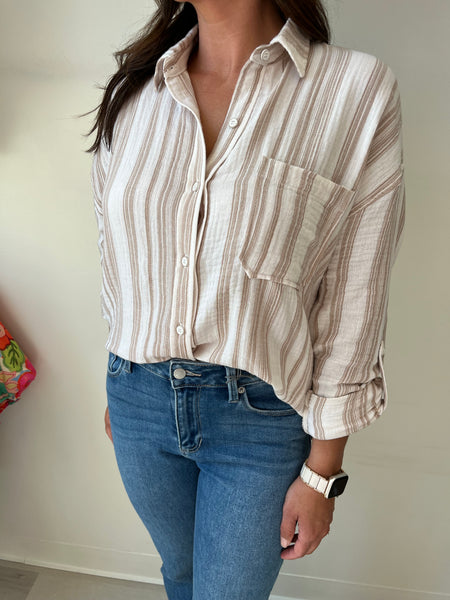Gauze Striped Button Down -Tan