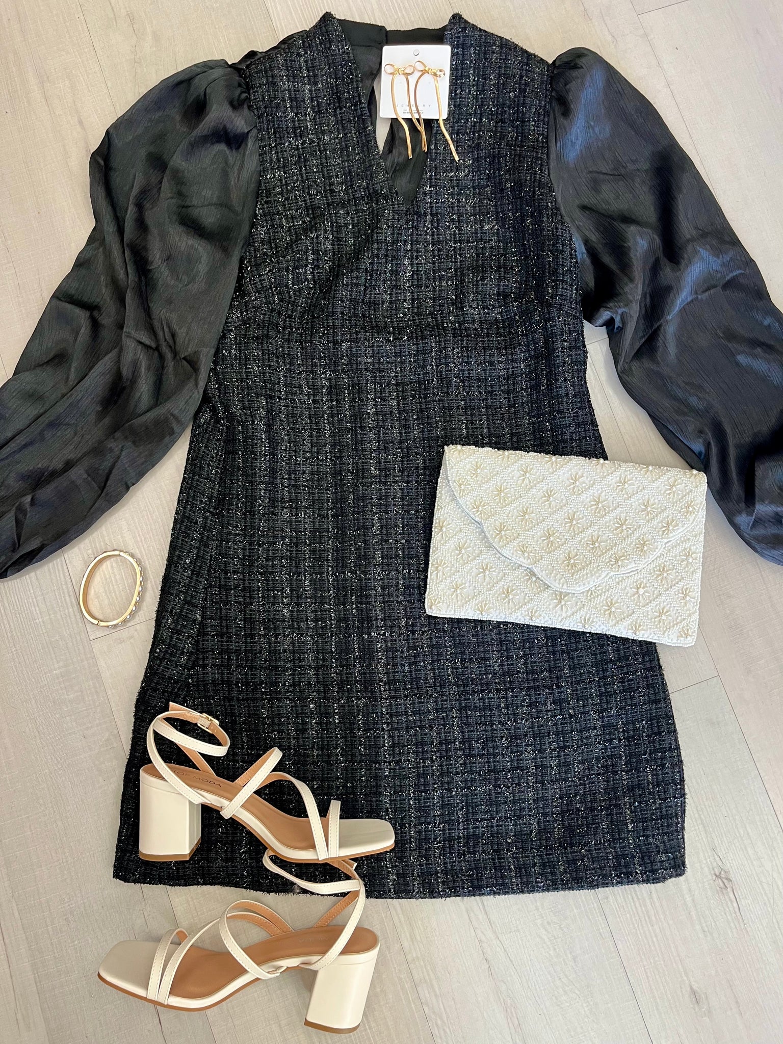 Shimmer Tweed Holiday Dress Blk Evangelene and Co. Shimmer Tweed Holiday Dress Blk Evangelene and Co.
