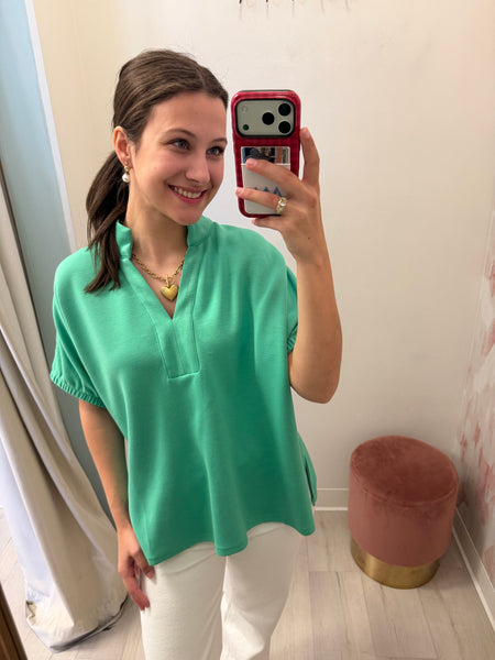 Christy Split Neck Drop Slv Top Gr