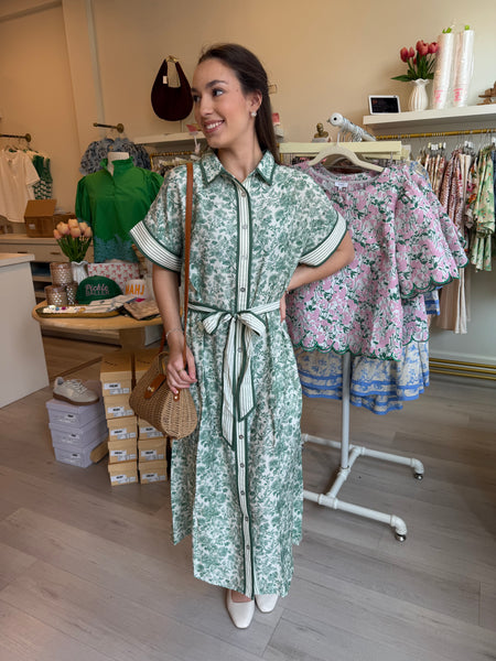 Drop Slv Floral Tie Waist Midi Grn