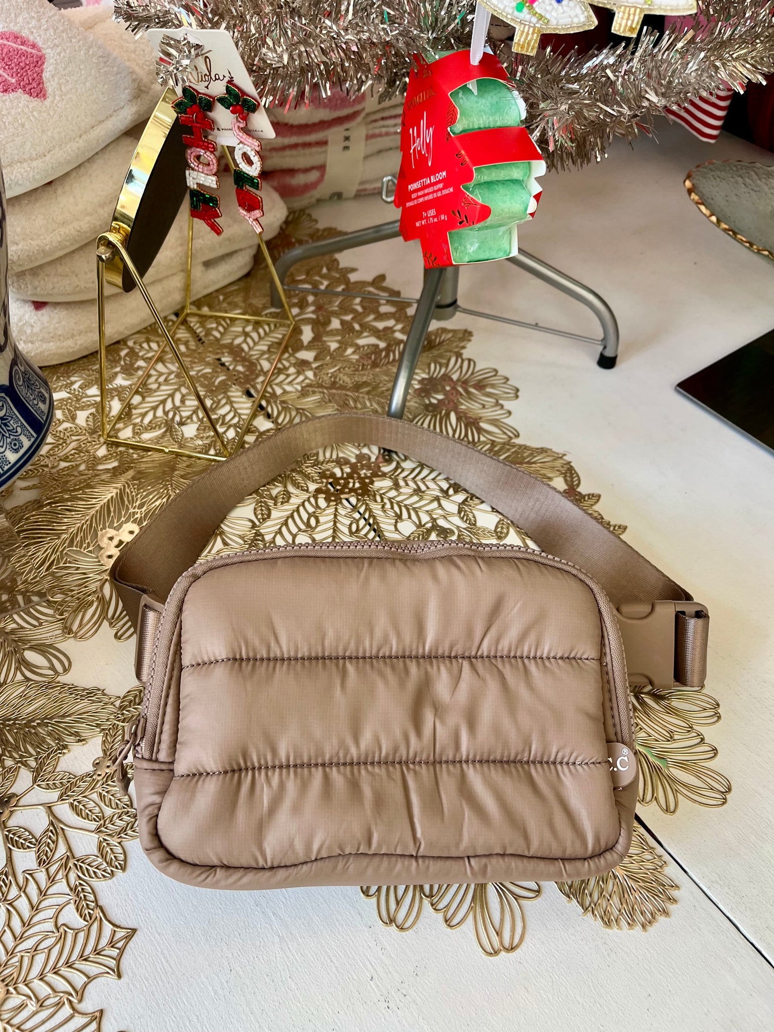 Quilted Puffer Belt Bag Taupe