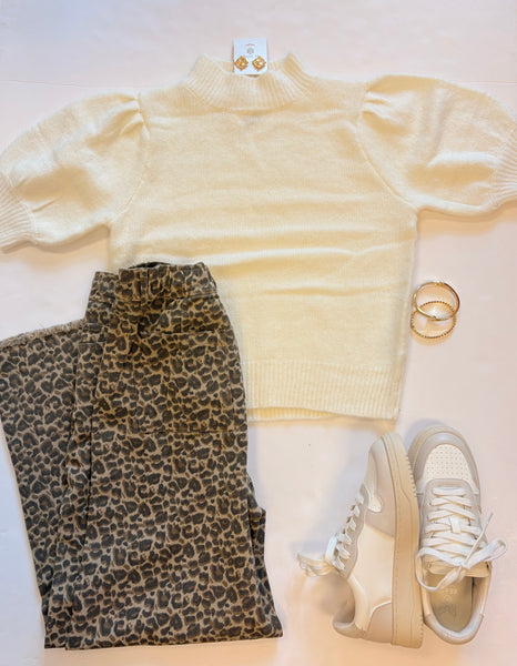Puff Slv Knit Sweater Cream