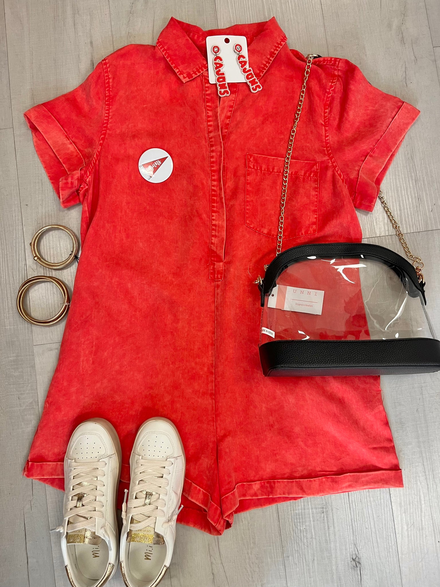 Washed Denim Romper Red