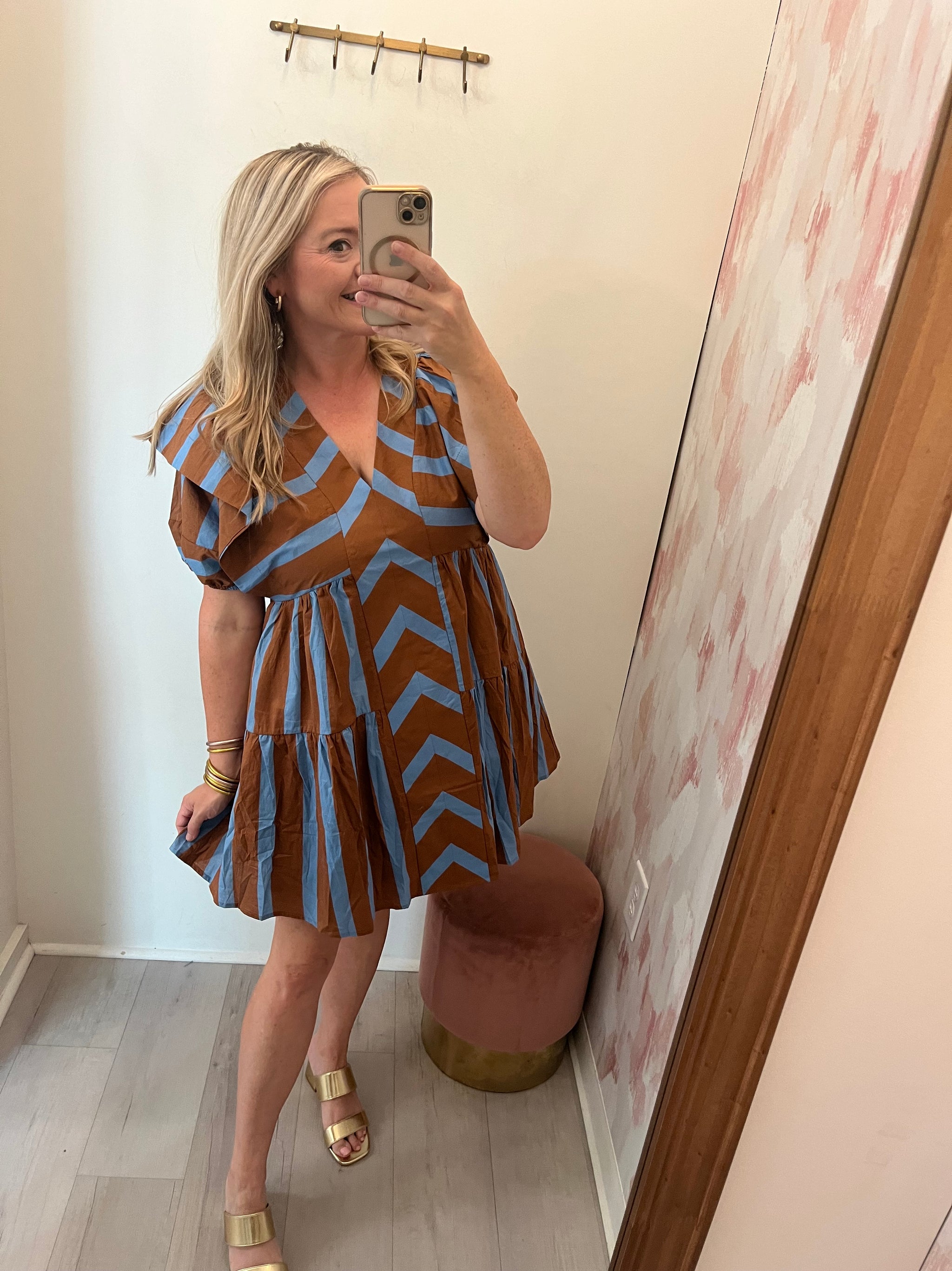 brown and blue striped dress Lowen Blue/ – Evangelene Co adding subtle shape while Size:24