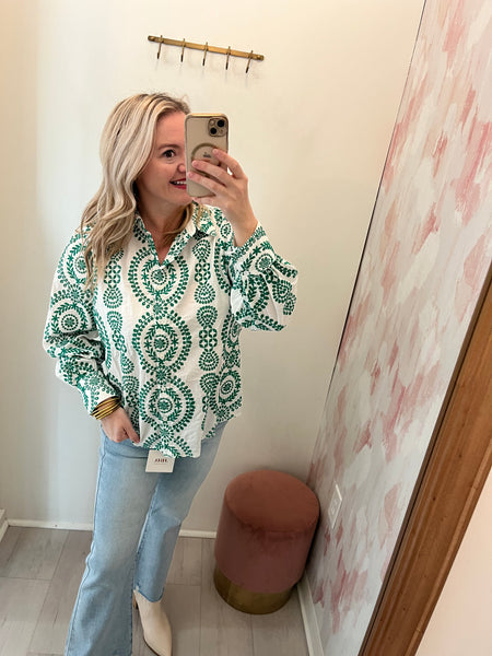 Lizzy Eyelet Button Up Blouse Grn