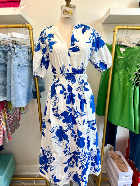 Cobalt Floral Smock Waist Midi Dress