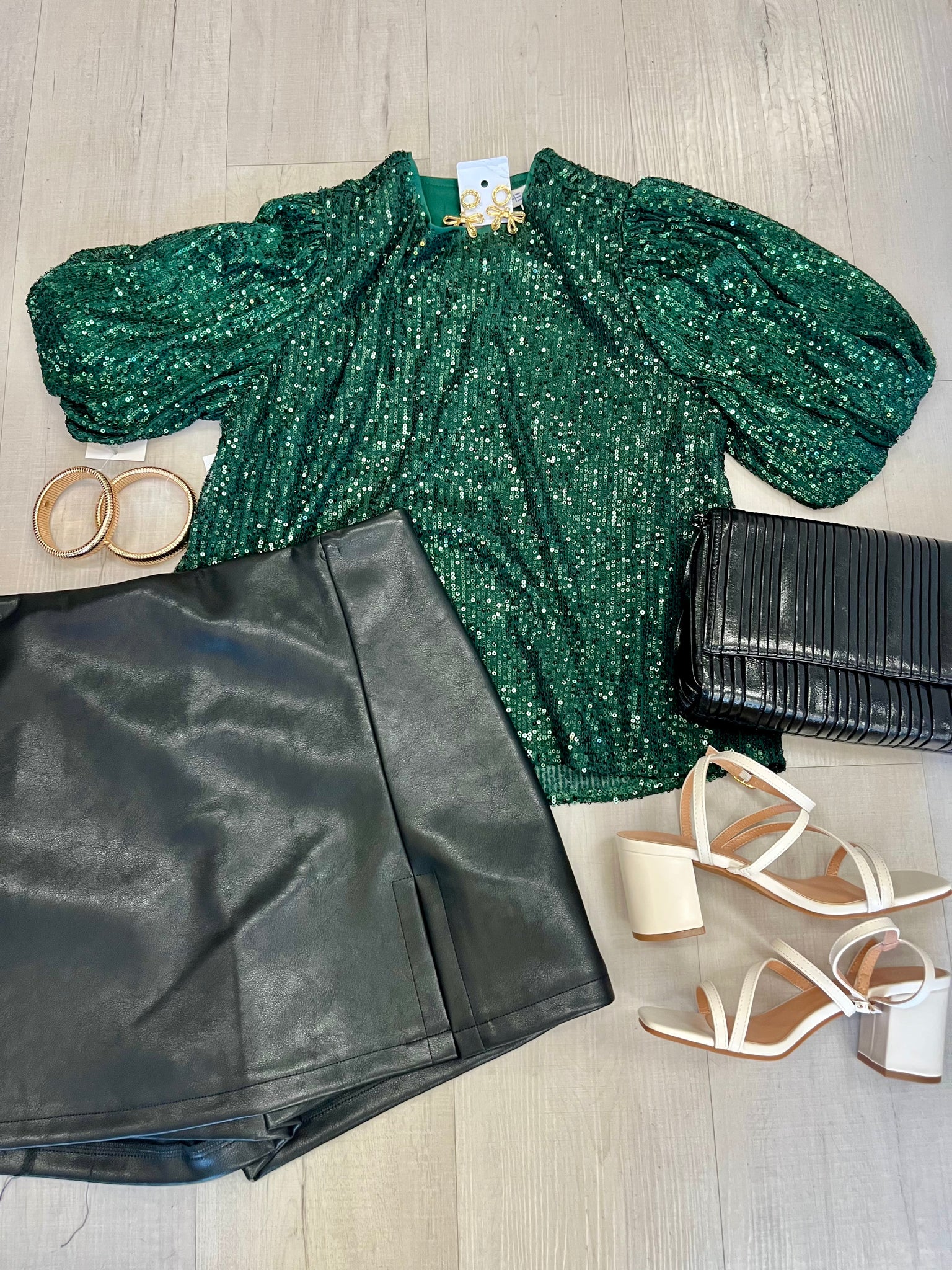 Half Puff Slv Sequin Top Green