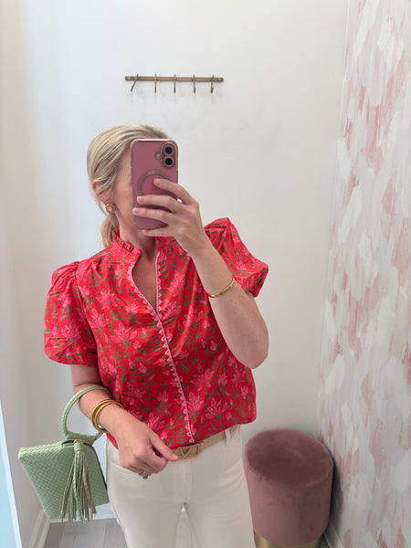 Whit Floral Puff Slv Top Red
