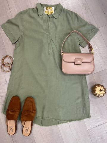 Washed Denim Shirt Dress Olive