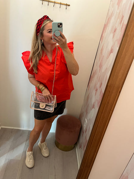 Red Ruffle Sleeve Poplin Blouse