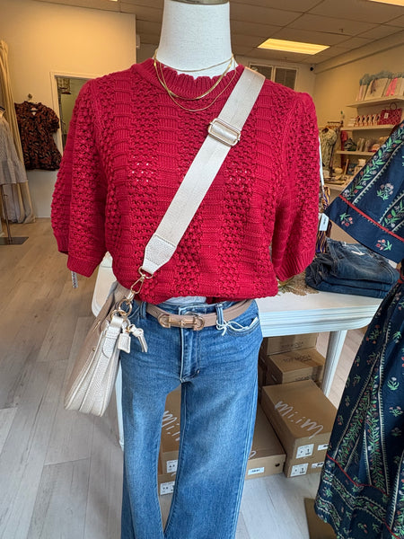 Textured Knit SS Sweater Red