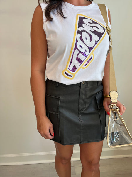 Washed Faux Leather Cargo Skirt